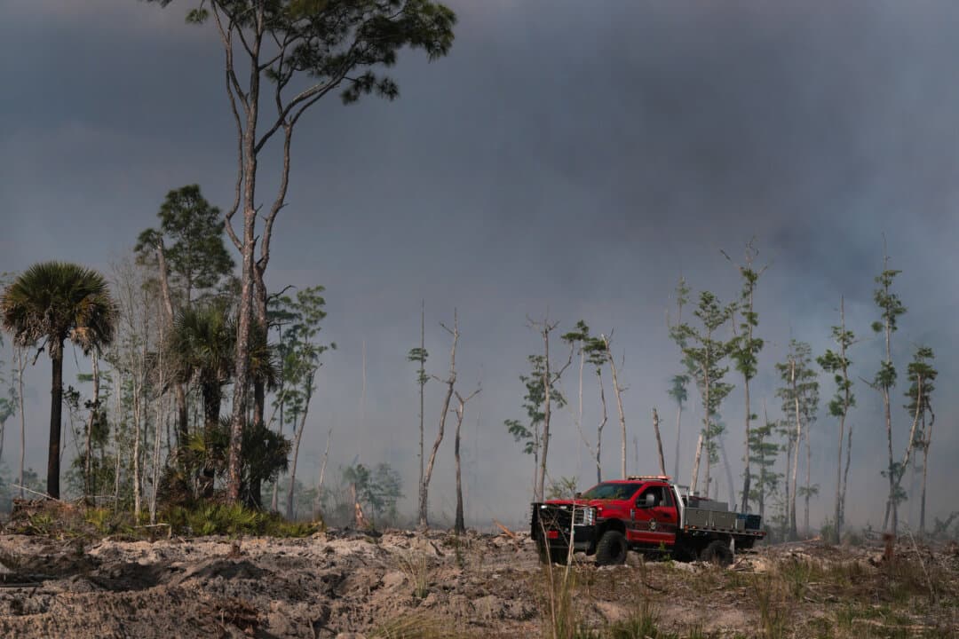 A Marco Island fire truck drives through a burnt area as they help the Florida Forest Service battle a wildfire in Naples, Fla., on April 14, 2026. More than 1,500 acres have burned with the fire at 40 percent containment, according to the Florida Forestry Service. The historic drought has triggered evacuations in the area. (Joe Raedle/Getty Images)