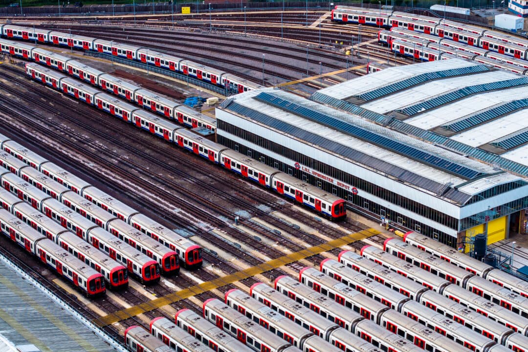 Stacked tube trains at Upminster Depot in London on April 21, 2026. (Dan Kitwood/Getty Images)