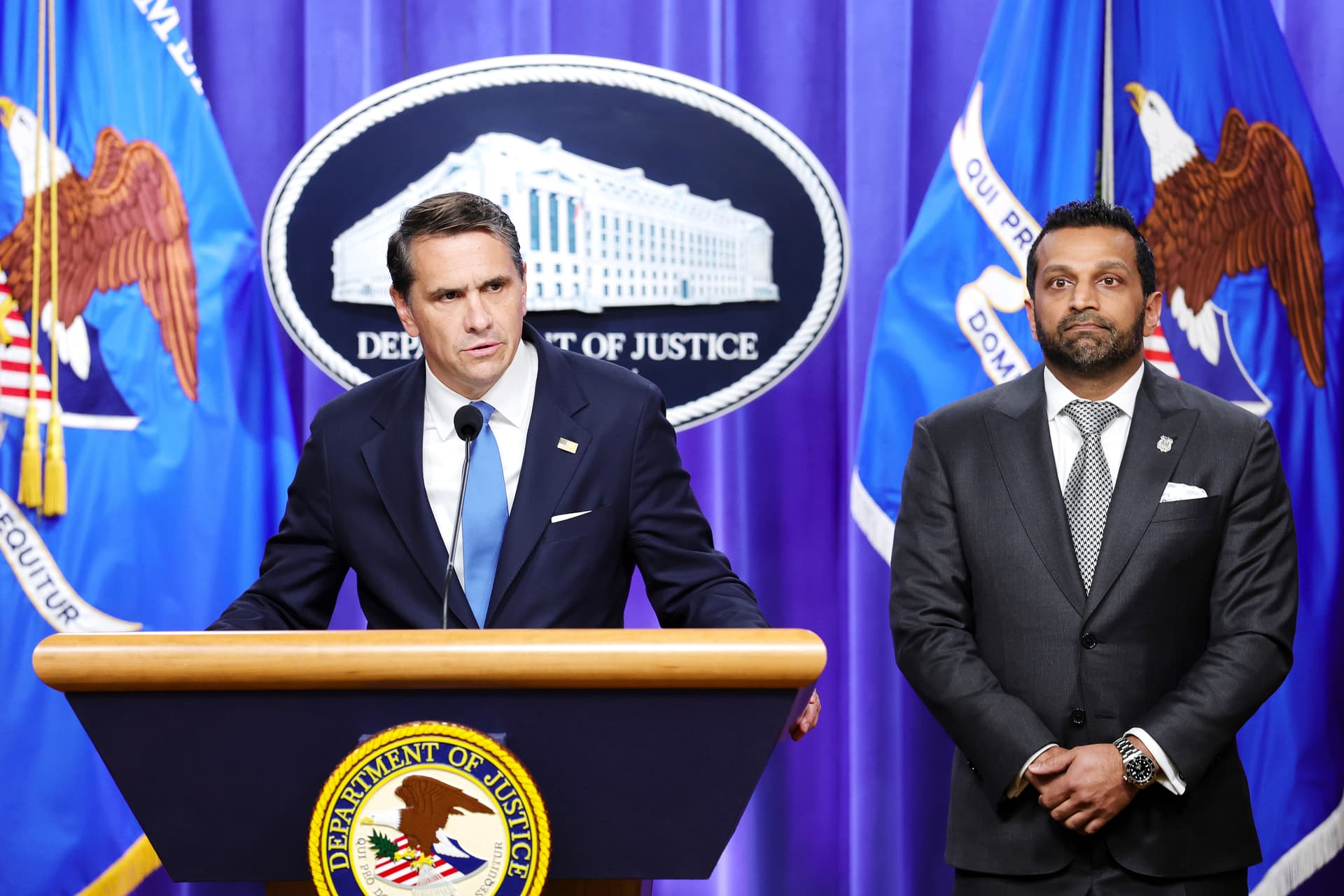 Acting Attorney General Todd Blanche (L) speaks alongside FBI Director Kash Patel during a news conference at the at the Robert F. Kennedy Department of Justice building in Washington on April 21, 2026. (Anna Moneymaker/Getty Images)