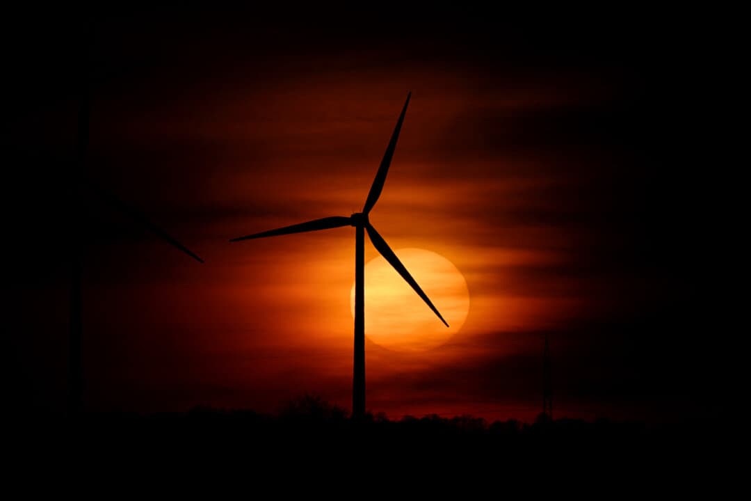 A wind turbine at sunset near Gniezdzewo in the Pomeranian Voivodeship of Poland on April 22, 2026. (Sergei Gapon/AFP via Getty Images)