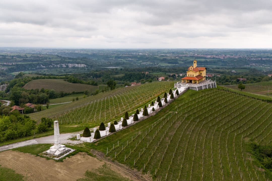 The Italian Resistance mausoleum “Sacrario di San Bernardo,” dedicated to the fallen of the 1st Alpine Divisions Group, which holds the remains of about 1,000 men who died during the War of Liberation in Bastia Mondovi, near Cuneo, on April 22, 2026. Built between 1947 and 1951 with the support of public institutions and private volunteers, it was inaugurated by Italian Prime Minister Alcide De Gasperi in October 1951. (Marco Bertorello/AFP via Getty Images)