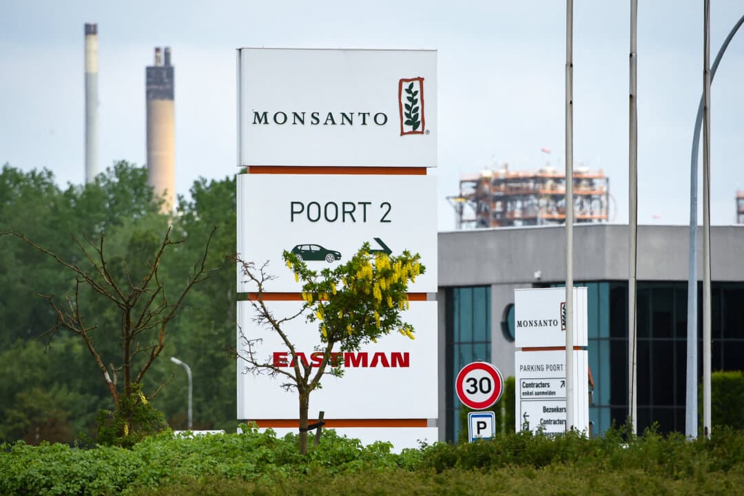 The Monsanto logo at its Manufacturing Site and Operations Center in Lillo, Belgium, on May 24, 2016. The Trump administration has defended Monsanto, saying that allowing state law claims such as Durnell’s to stand would “gut” the uniformity in the law. (John Thys/AFP via Getty Images)