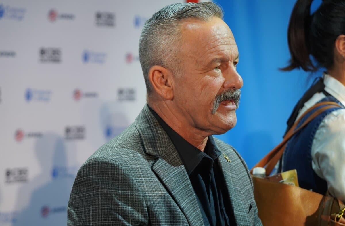 Riverside County Sheriff Chad Bianco fields questions from reporters and students following the debate at Pomona College in Claremont, Calif., on April 28, 2026. (Brad Jones/The Epoch Times)