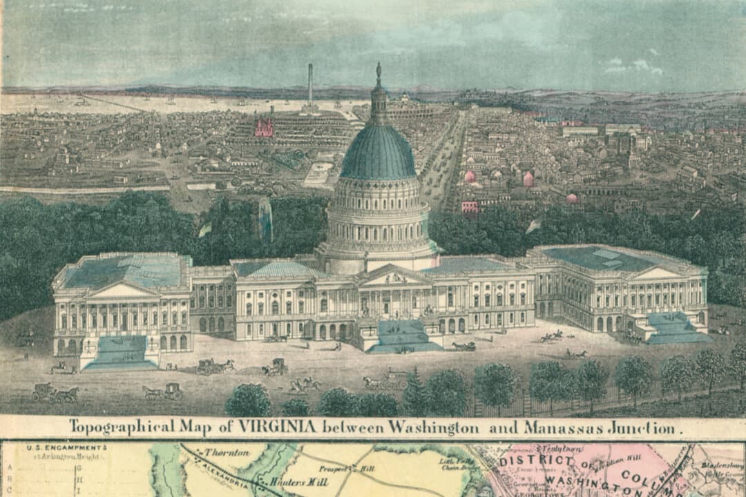 Color engraving of the U.S. Capitol and topographical map of Virginia, between Washington and Manassas Junction in Prince William County, Va., in 1850. (Archive Photos/Getty Images)