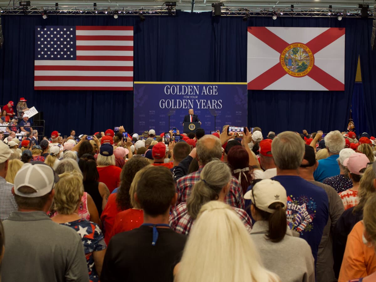 President Donald Trump speaks to a crowd about benefits for seniors at a rally in The Villages, Fla., on May 1, 2026. (Travis Gillmore/The Epoch Times)