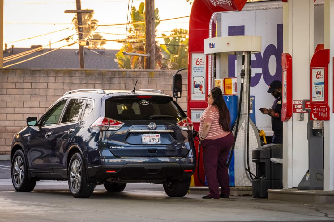 Customers fill up with gas in Los Angeles on March 11, 2026. Despite higher prices, Americans have not faced shortages because of the country’s “high degree of energy security,” analyst David Blackmon said. (John Fredricks/The Epoch Times)