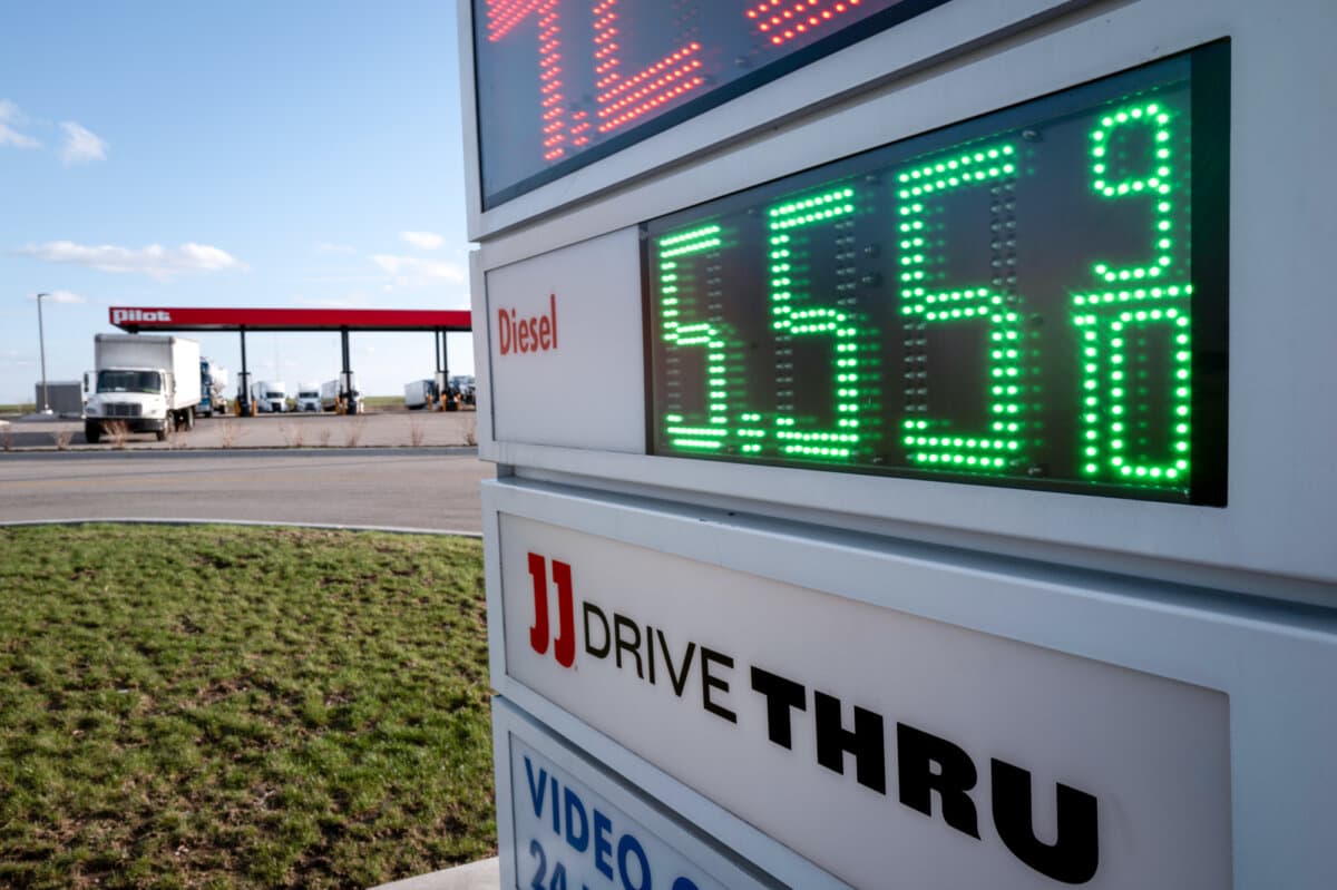 Fuel prices are displayed at a truck stop in Belvidere, Ill., on April 6, 2026. With diesel prices rising faster than gasoline, refiners are turning to import heavier crude needed to produce diesel, experts said. (Scott Olson/Getty Images)