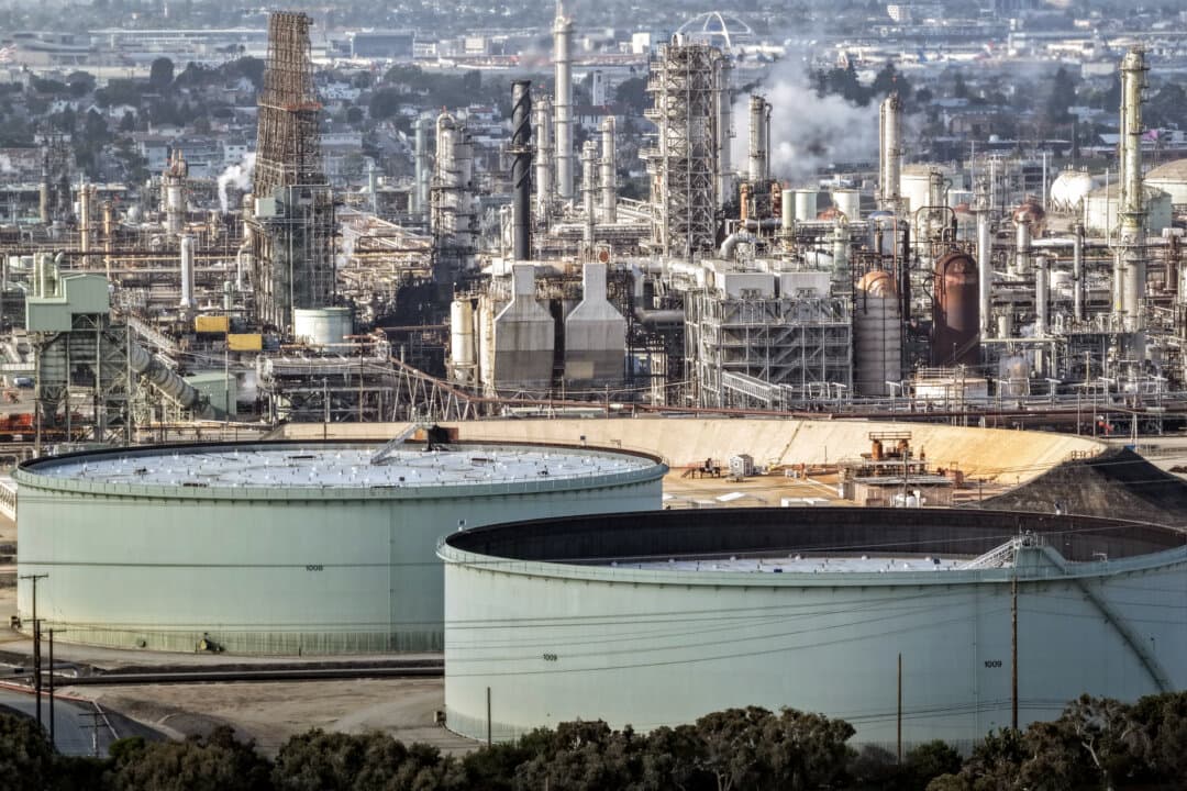 An aerial view shows the Chevron El Segundo refinery, one of California’s largest petroleum processing facilities, in Manhattan Beach, Calif., on April 8, 2026. Average gas prices in the United States have gone up by almost 40 percent since March 1 amid the war in Iran. (Mario Tama/Getty Images)