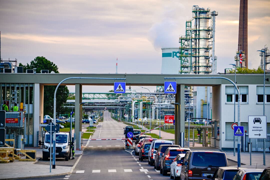 Cars queue at an entry gate to the PCK Schwedt refinery in Schwedt, Germany, on April 30, 2026. Fuel prices in Germany have surged to more than $9 per gallon amid a global energy crisis tied to the Iran conflict. (Tobias Schwarz/AFP via Getty Images)