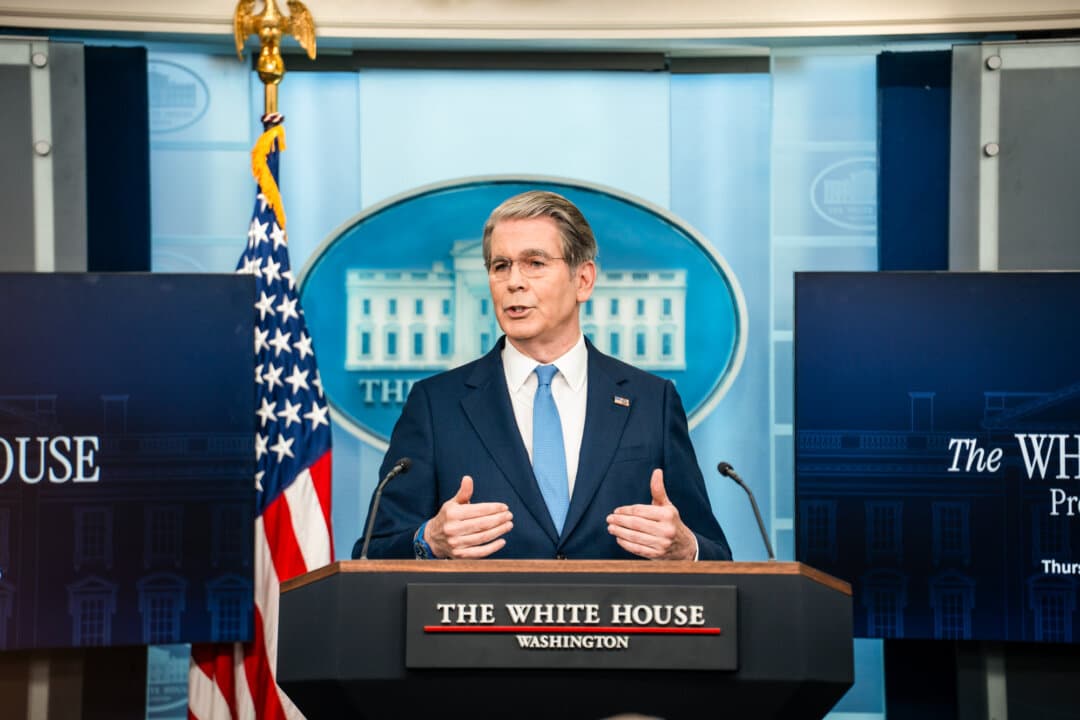 Treasury Secretary Scott Bessent speaks during a press briefing at the White House on May 28, 2026. Li Chenggang, China’s vice minister of commerce, personally delivered a “global chaos” ultimatum over U.S. port fees during an uninvited trip to Washington, Bessent said last year. (Madalina Kilroy/The Epoch Times)