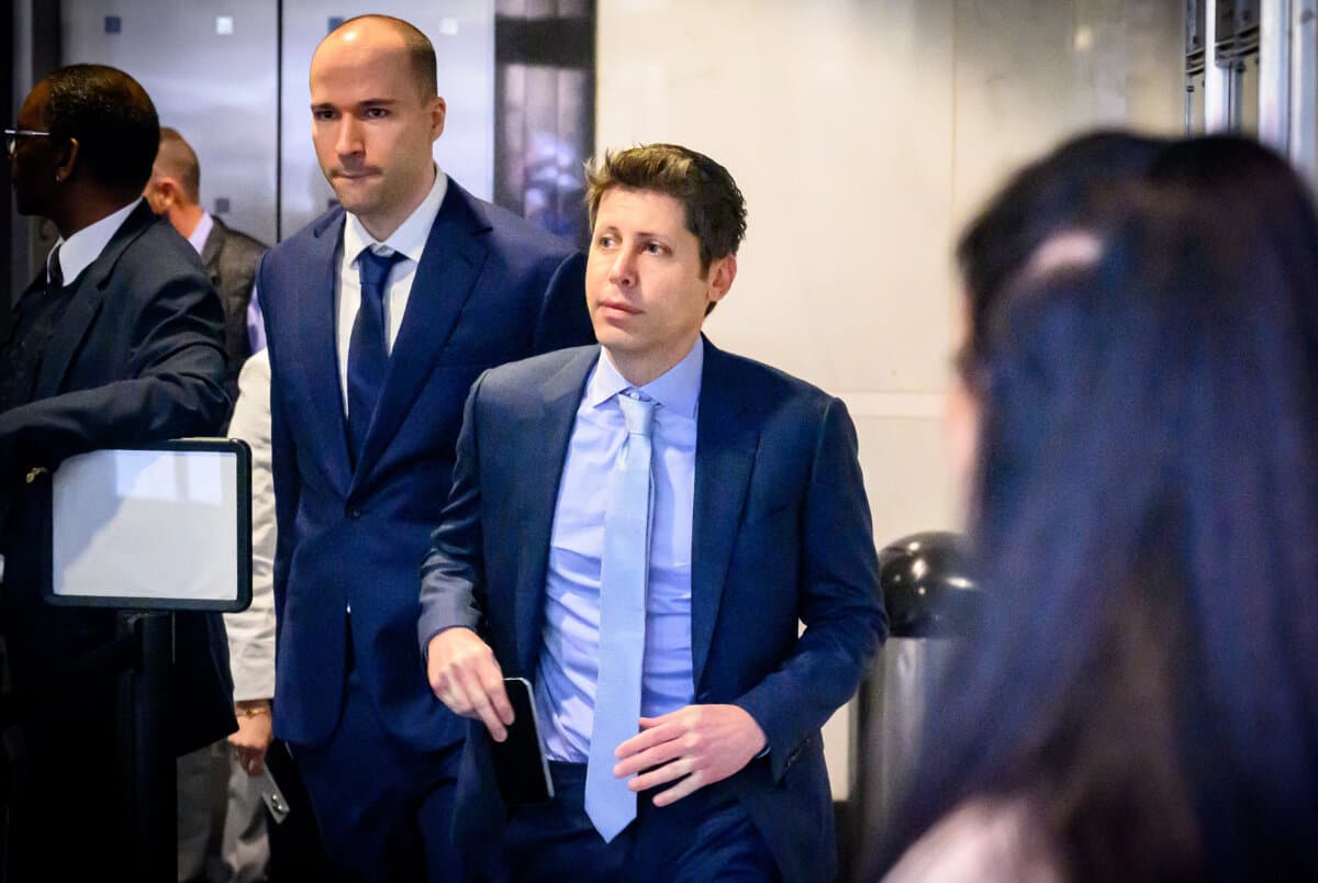 OpenAI CEO Sam Altman (R) and cofounder and President Greg Brockman arrive at the federal courthouse during proceedings in the trial over his lawsuit against OpenAI in Oakland, Calif., on April 30, 2026. (Josh Edelson/AFP via Getty Images)