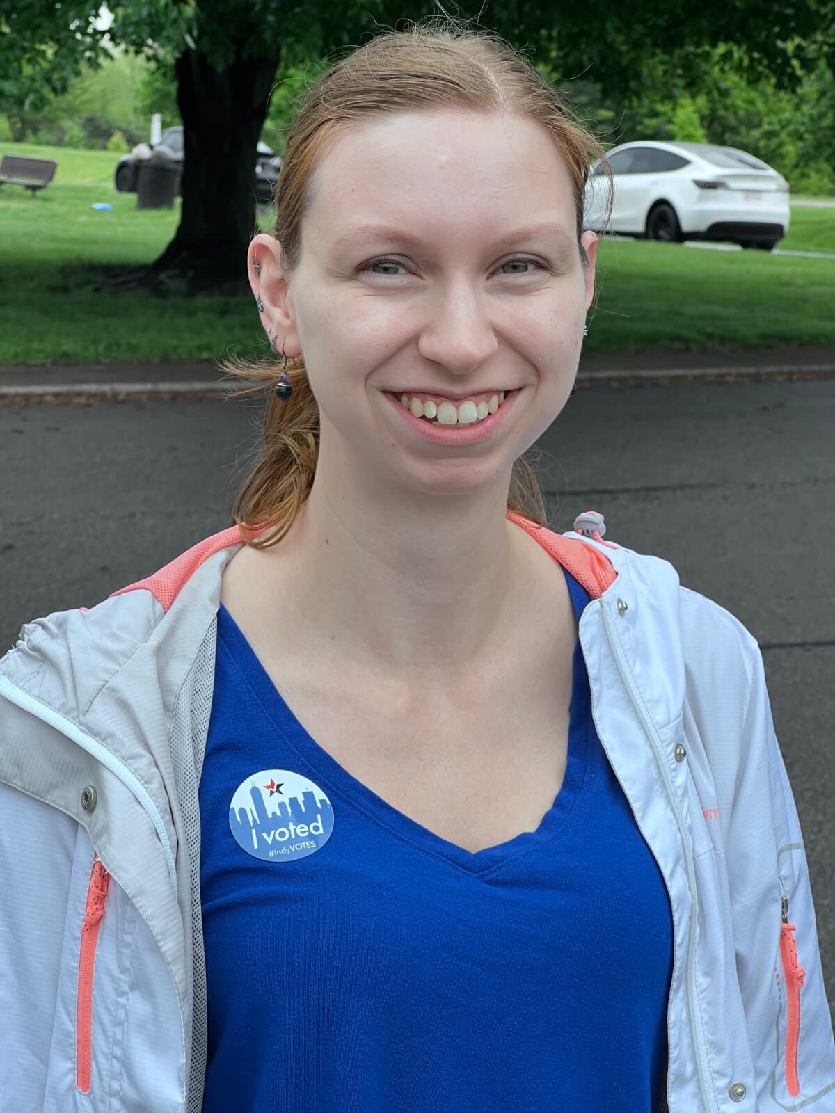 Robyn Jedlicka at a polling place in Indianapolis on May 5, 2026. (Lawrence Wilson/Epoch Times)
