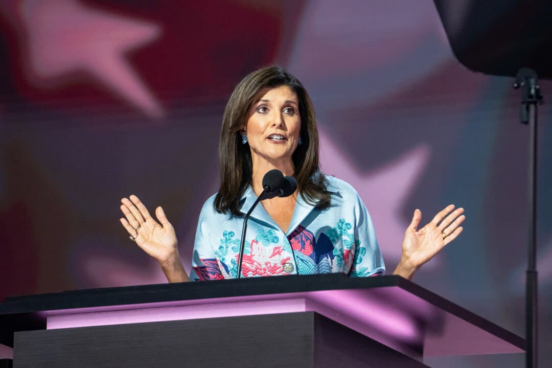 Former U.N. Ambassador Nikki Haley speaks during the Republican National Convention in Milwaukee, Wis., on July 16, 2024. Haley recently said an Iranian-flagged container ship intercepted recently was carrying missile chemical precursors from China. (Madalina Vasiliu/The Epoch Times)