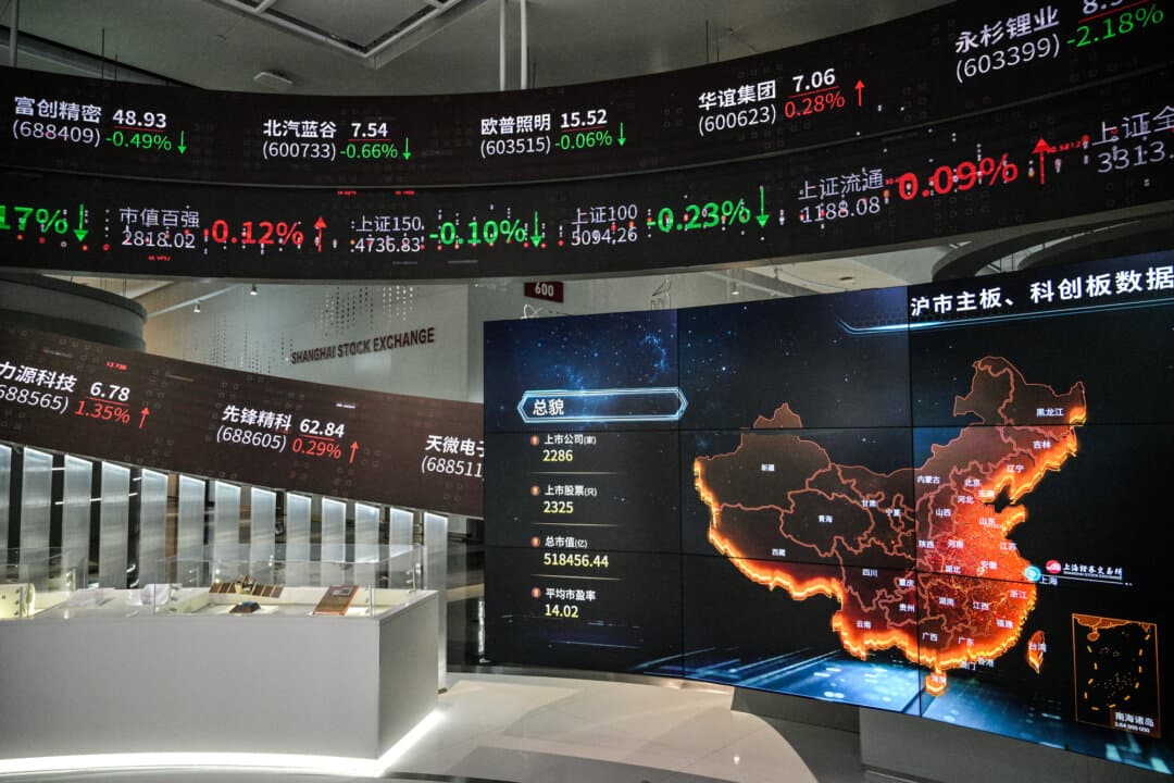 Screens display financial market movements at the Shanghai Stock Exchange in Shanghai on April 25, 2025. In an April 27 filing, Hengli told the exchange it “has never engaged in any trade with Iran” and would continue using Chinese yuan-denominated channels for crude oil purchases. (Hector Retamal/AFP via Getty Images)