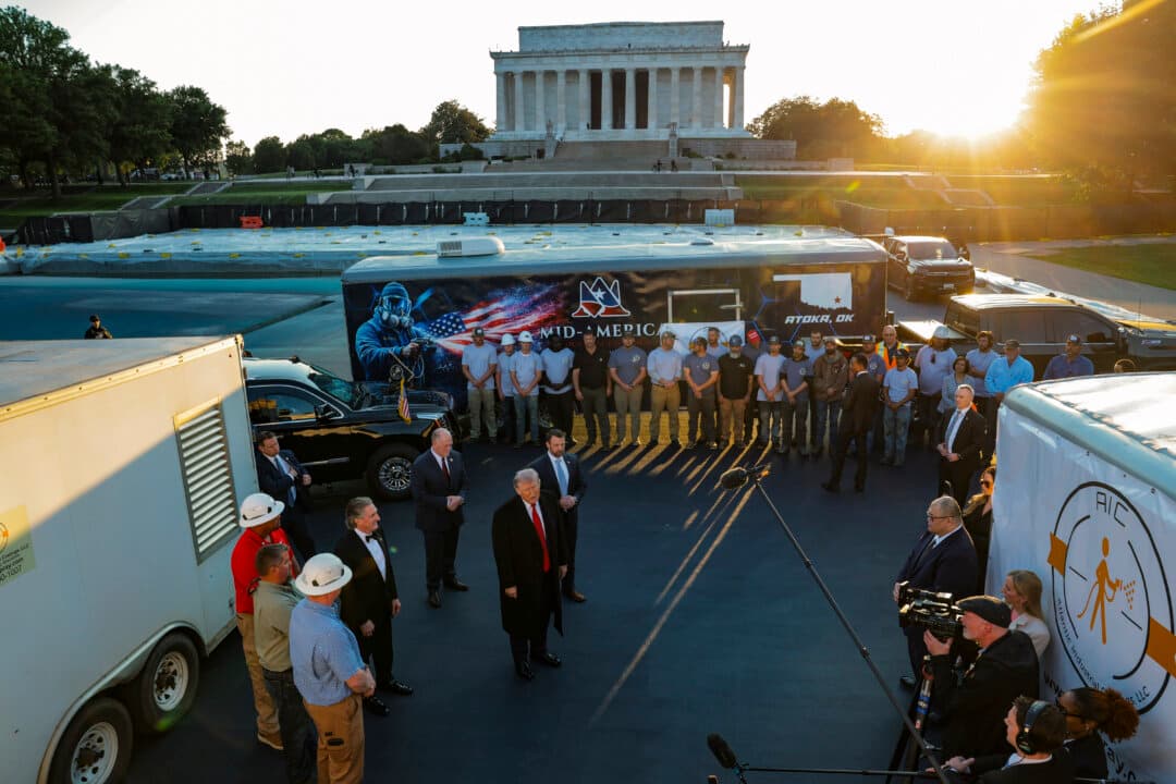President Donald Trump speaks as he inspects the painting of the Lincoln Memorial Reflecting Pool basin in Washington on May 7, 2026. The repairs are part of Trump's “Safe and Beautiful” campaign to clean up parks and monuments in the city. (Anna Moneymaker/Getty Images)