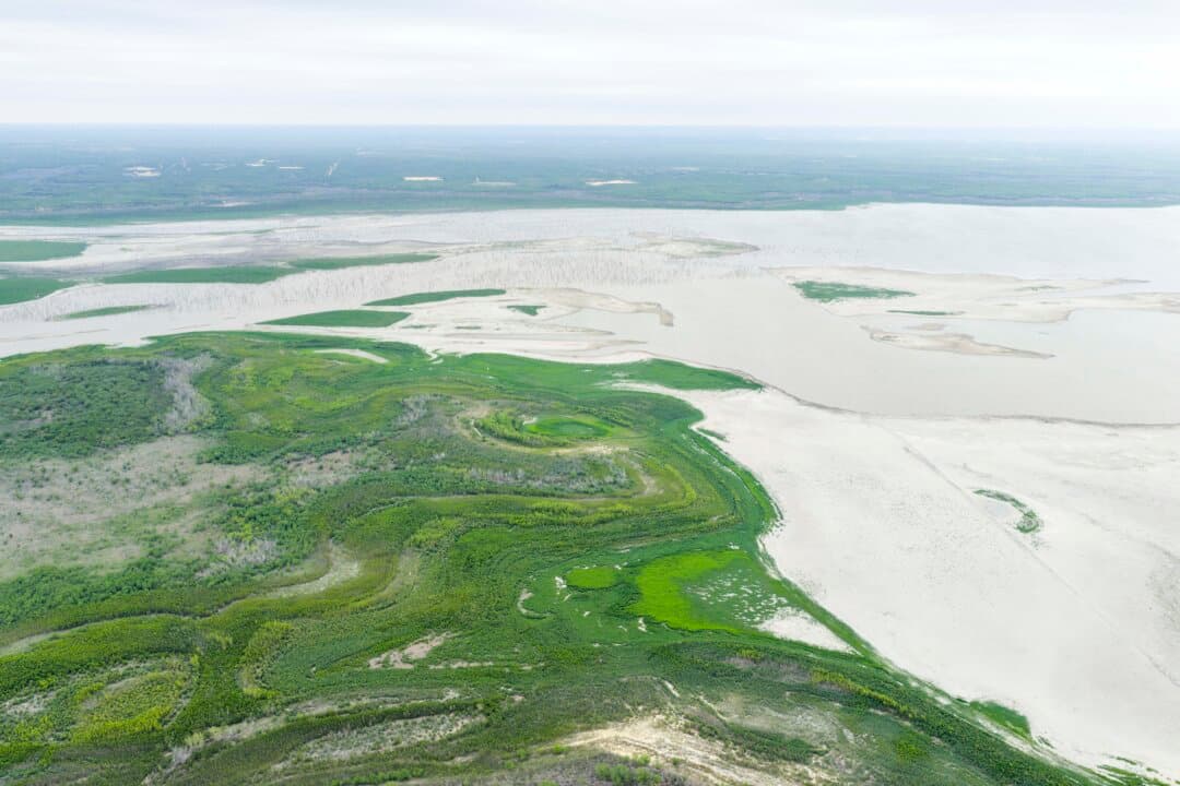 Choke Canyon Reservoir in Choke Canyon State Park in Three Rivers, Texas, on May 7, 2026. Corpus Christi relies heavily on the reservoir for water supply, but prolonged drought has sharply reduced water levels and reserves. (Brandon Bell/Getty Images)
