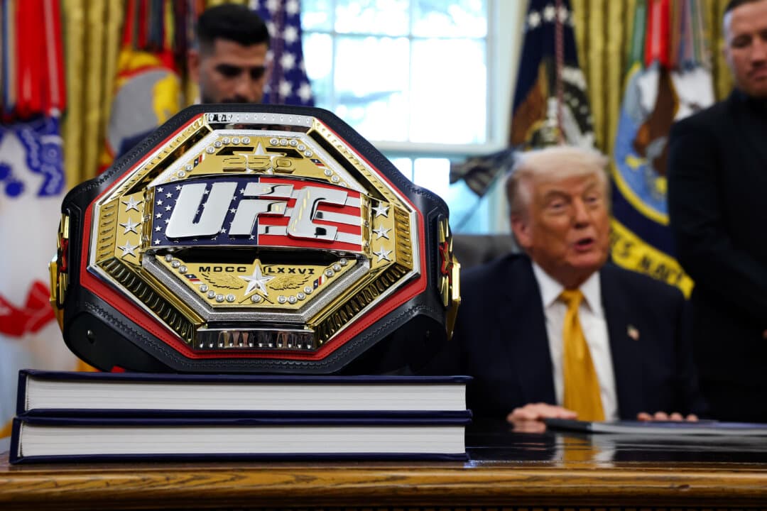 An Ultimate Fighting Championship belt is displayed during an event in the Oval Office at the White House on May 6, 2026. President Donald Trump met with UFC fighters ahead of the UFC Freedom 250 match scheduled for June 14 outside the White House. (Anna Moneymaker/Getty Images)
