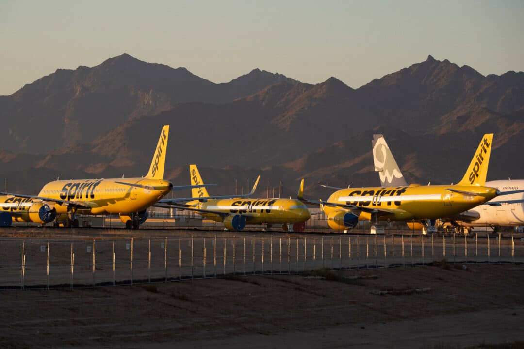 Spirit Airlines planes sit parked at Phoenix Goodyear Airport in Goodyear, Ariz., on May 8, 2026. The budget airline ceased operations on May 2. (Rebecca Noble/Getty Images)