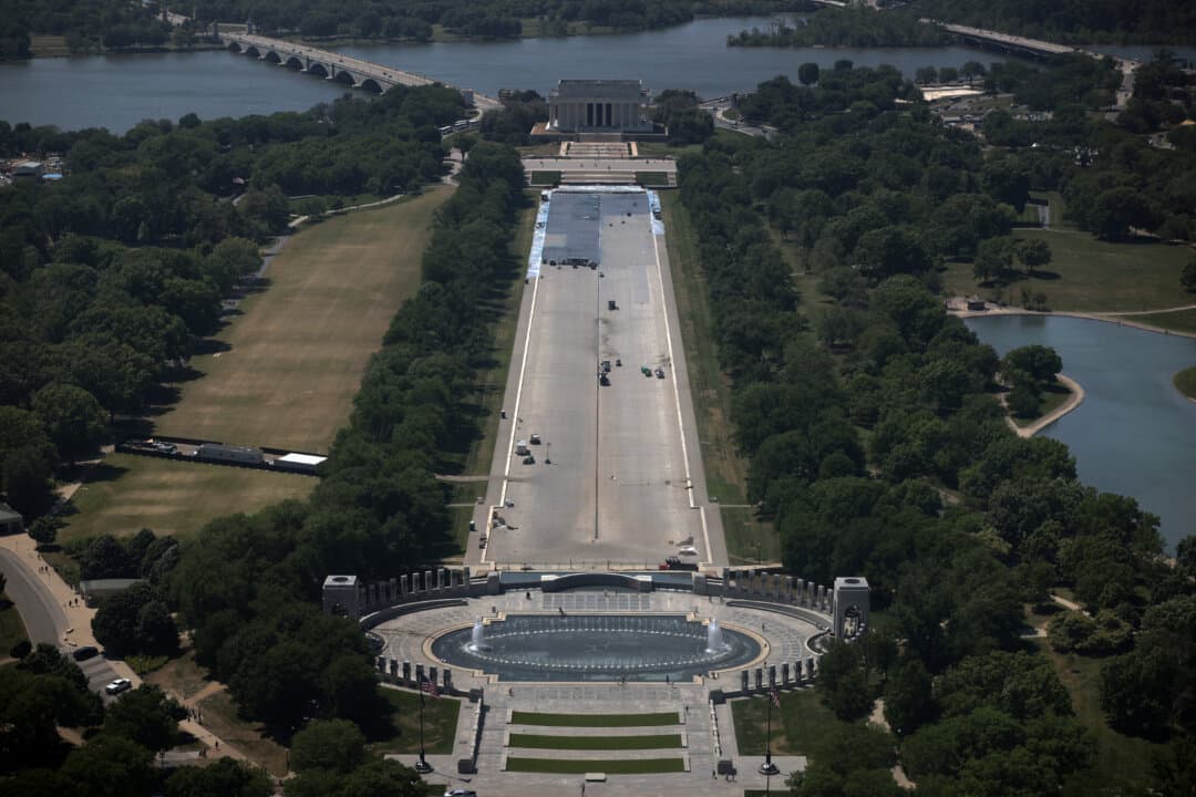 The Reflecting Pool in front of the Lincoln Memorial is repainted in Washington, D.C., on May 5, 2026. Donald Trump ordered renovations to address leaks and give the pool a cleaner, deeper appearance. (Alex Wong/Getty Images)