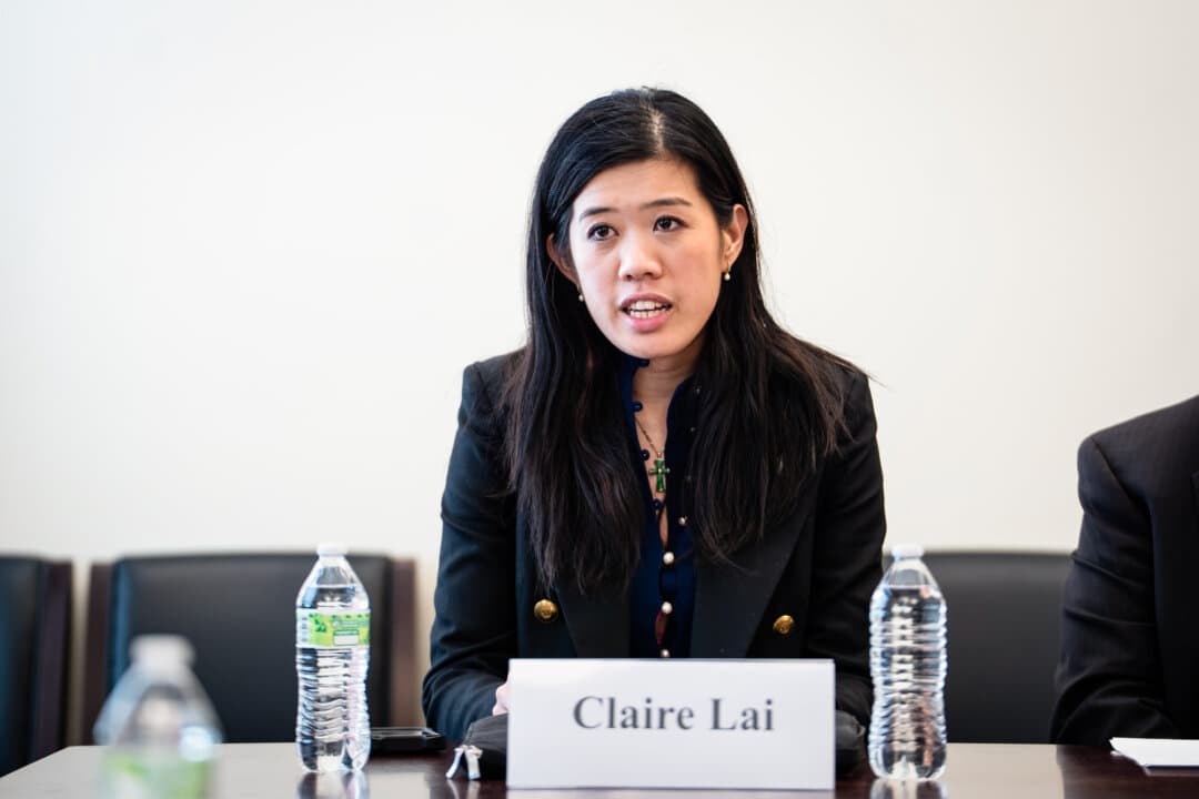 Claire Lai, daughter of Jimmy Lai, founder of now-shuttered pro-democracy Hong Kong newspaper Apple Daily, speaks during a press conference on Capitol Hill in Washington on March 19, 2026. (Madalina Kilroy/The Epoch Times)