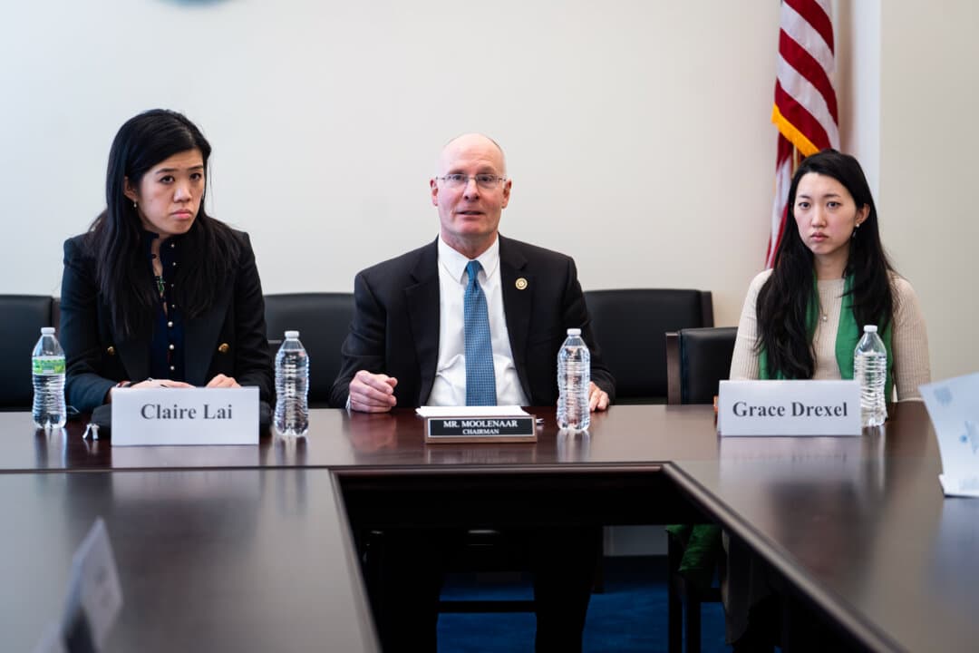 Claire Lai, daughter of Jimmy Lai, founder of shuttered pro-democracy newspaper Apple Daily—who in February was sentenced to 20 years in prison under the regime's national security law—Rep. John Moolenaar (R-Mich.), chairman of the House Select Committee on the Chinese Communist Party, and Grace Jin Drexel, daughter of founding pastor Ezra Jin of Zion Church in Beijing, speak during a press conference on Capitol Hill in Washington on March 19, 2026. (Madalina Kilroy/The Epoch Times)