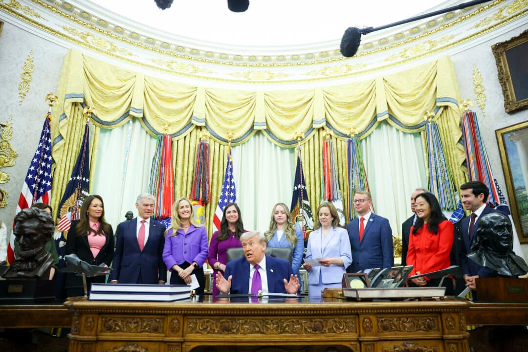 President Donald Trump delivers remarks during an event on maternal health care in the Oval Office of the White House on May 11, 2026. The Trump administration recently launched Moms.gov, a website that provides resources to expecting women and their families. (Kevin Dietsch/Getty Images)