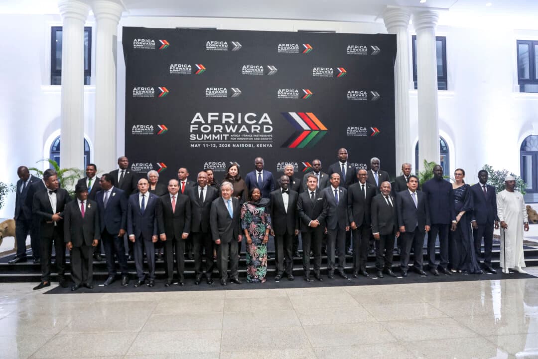 Botswana President Duma Boko, Mauritania President Mohamed Ould Ghazouani, Egypt President Abdel Fattah El-Sisi, UN Secretary General Antonio Guterres, Tunisia Prime Minister Sarra Zaafrani, Gabon President Brice Oligui Nguema, Kenya President William Ruto, France President Emmanuel Macron, African Union Commission Chairperson Mahamoud Ali Youssouf, Mozambique President Daniel Chapo, Rwanda President Paul Kagame, Comoros President Assoumani Azali, Libya Chairman of the Presidential Council Mohamed al-Menfi, and Chad President Mahamat Idriss Deby Itno pose for the Africa Forward family photo during the Africa Forward summit in Nairobi, Kenya, on May 11, 2026. (Ludovic Marin/AFP via Getty Images)