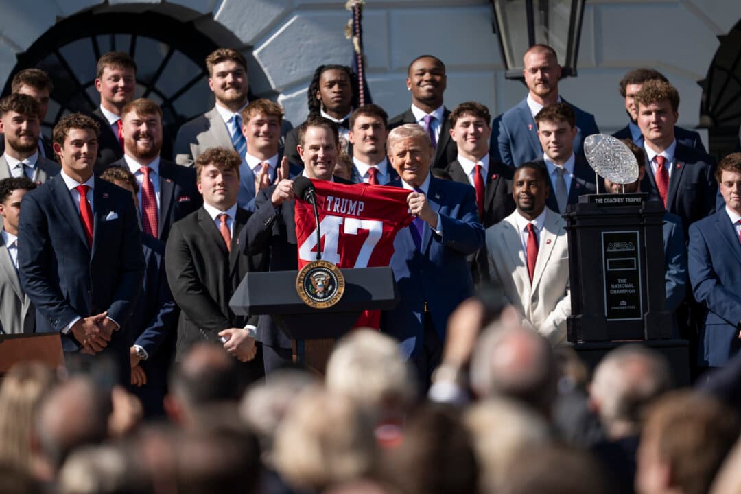 President Donald Trump welcomes college football champions, the Indiana University Hoosiers, to the White House on May 11, 2026. (Madalina Kilroy/The Epoch Times)