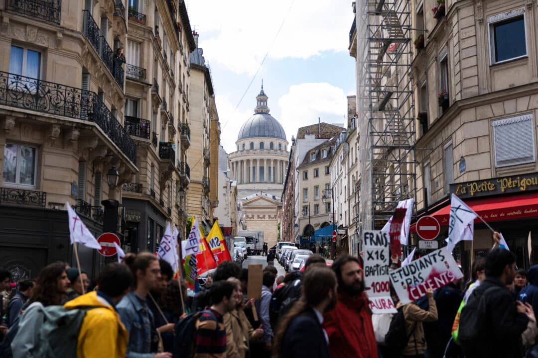 Students protest the increase in tuition fees for non-EU students at the Pantheon in Paris on May 12, 2026. (Basile Dubouis/Hans Lucas/AFP via Getty Images)