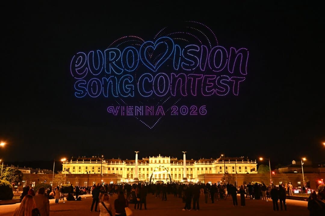 The Eurovision Song Contest logo is built with 3,000 drones during a drone show to mark the opening of Eurovision 2026 on April 27, 2026 over the Schönbrunn Palace in Vienna, with the semifinal taking place on May 12. (Joe Klamar/AFP via Getty Images)