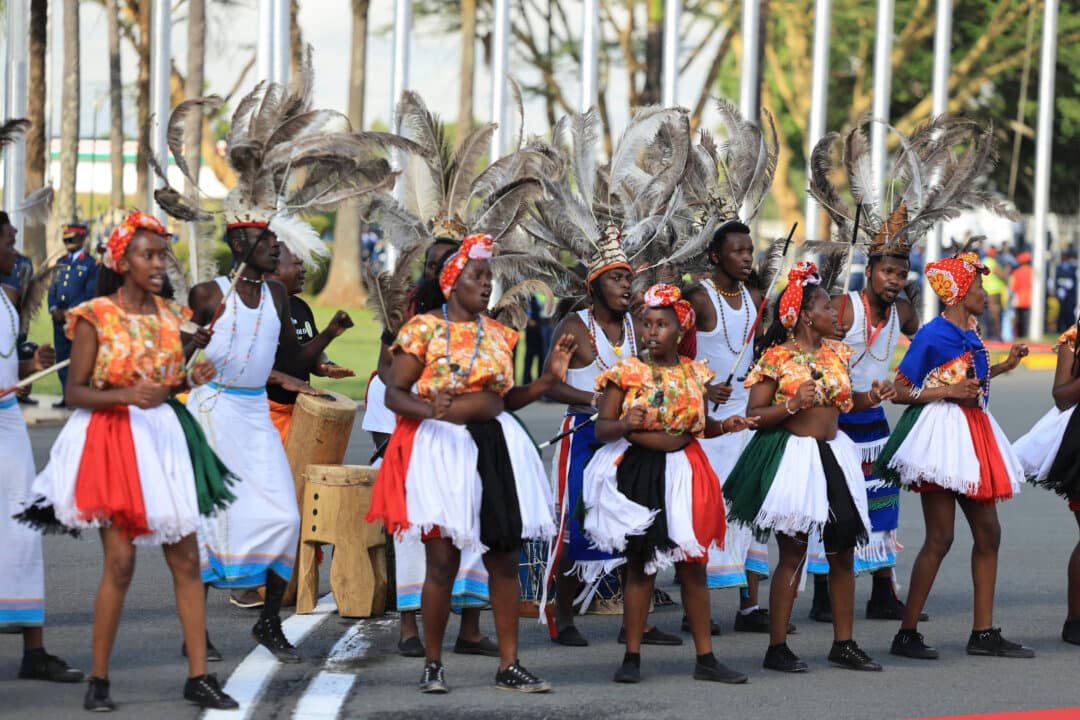 Dancers perform as France’s President Emmanuel Macron’s motorcade leaves the Bole International Airport in Addis Ababa, Ethiopia, on May 13, 2026. (Ludovic Marin/AFP via Getty Images)