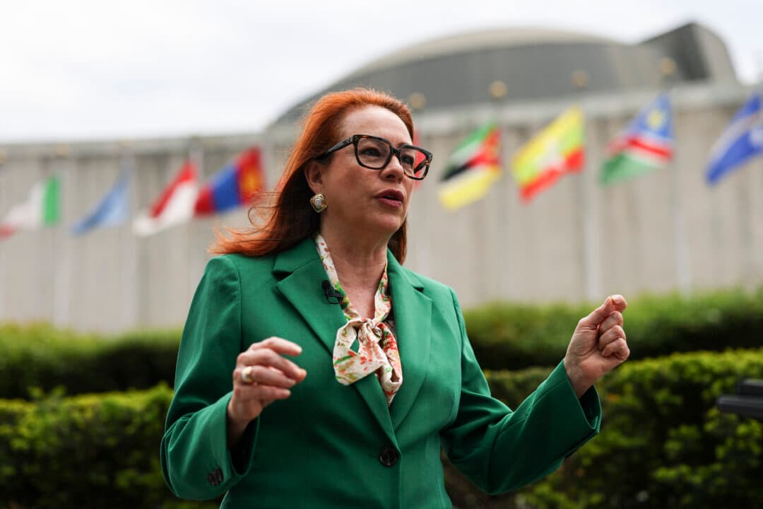Former Ecuadorian foreign minister Maria Fernanda Espinosa, candidate for the position of U.N. Secretary-General, speaks during an interview with AFP outside the United Nations headquarters in New York City on May 13, 2026. Nominated by Antigua and Barbuda, Espinosa has become the fifth candidate to enter the race for the next Secretary-General of the United Nations. (Angela Weiss/AFP via Getty Images)