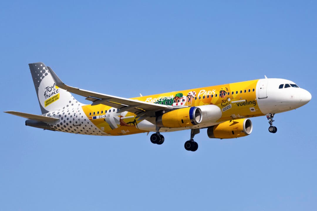 A Vueling Airbus A320 aircraft featuring a special livery promoting the 2026 Tour de France Grand Depart is seen landing at Barcelona-El Prat Airport in Barcelona on May 13, 2026. The 2026 Tour de France cycling race’s Grand Depart first stage will be held in Barcelona on July 4 with Spain’s north eastern Catalonia region also hosting the second and third stages of La Grand Boucle. (Josep Lago/AFP via Getty Images)