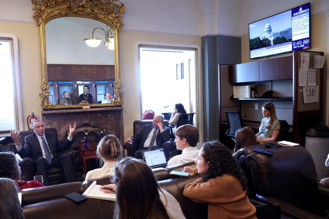 Sen. Jeff Merkley (D-Ore.) and Sen. Tim Kaine (D-Va.) hold a pen and pad briefing with reporters at the U.S. Capitol in Washington on May 13, 2026. The senators spoke on a War Powers Resolution and the war in Iran. (Kevin Dietsch/Getty Images)