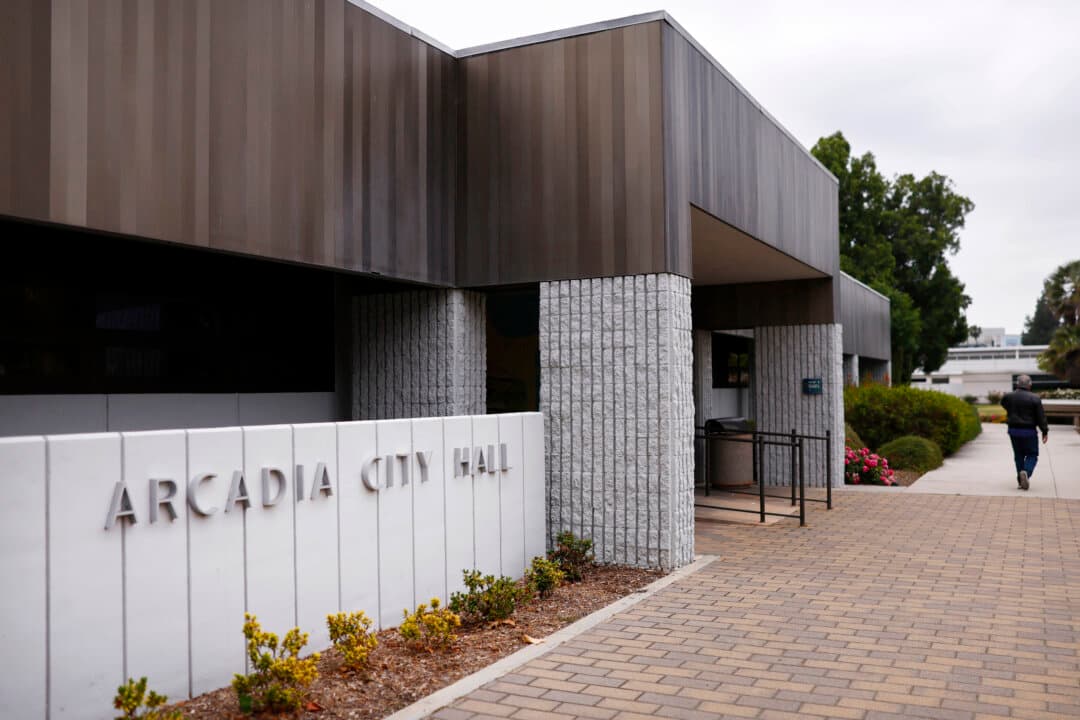 Arcadia City Hall in Arcadia, California, on May 13, 2026. Federal prosecutors announced that the resigned mayor of Arcadia, Eileen Wang, will plead guilty in federal court to illegally acting as a foreign agent for the Chinese government. (Mario Tama/Getty Images)