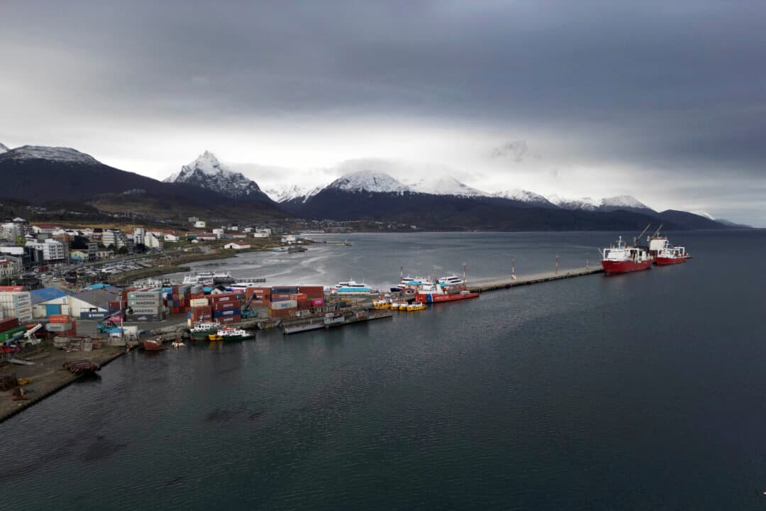 Ushuaia harbour in Tierra del Fuego, Argentina, on May 13, 2026. The Argentine city of Ushuaia is seeking to shed the label of the origin of the hantavirus outbreak aboard the MV Hondius cruise ship, which departed from there on April 1. (Edrien Esteves/AFP via Getty Images)