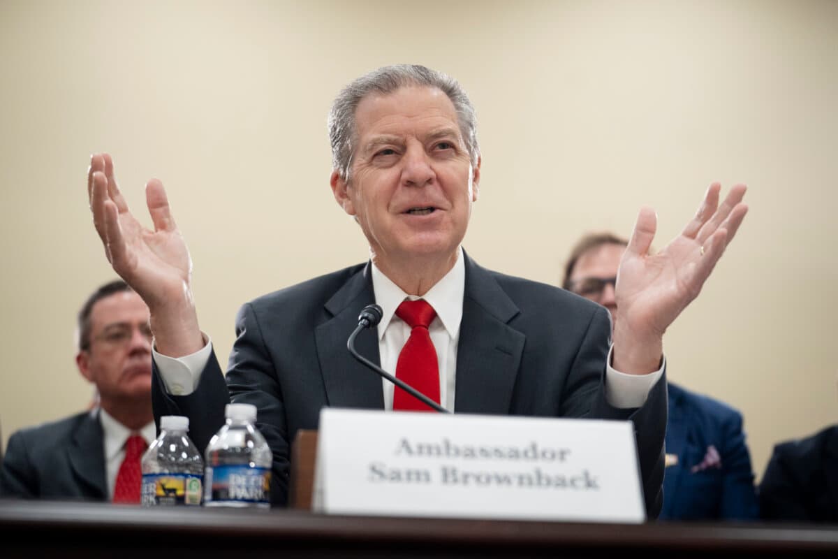 Amb. Sam Brownback, former U.S. Ambassador-at-Large of International Religious Freedom, testifies before the Congressional-Executive Commission on China on Capitol Hill in Washington on May 14, 2026. (Madalina Kilroy/The Epoch Times)