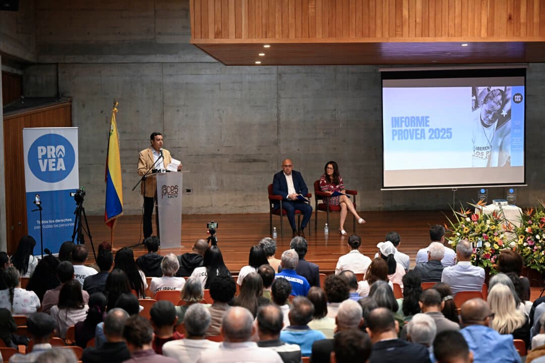 Human rights activist Javier Tarazona (L) speaks during the presentation of PROVEA's (Venezuelan Education-Action Program on Human Rights) 2026 annual report on human rights in Caracas, Venezuela, on May 14, 2026. (Federico Parra/AFP via Getty Images)