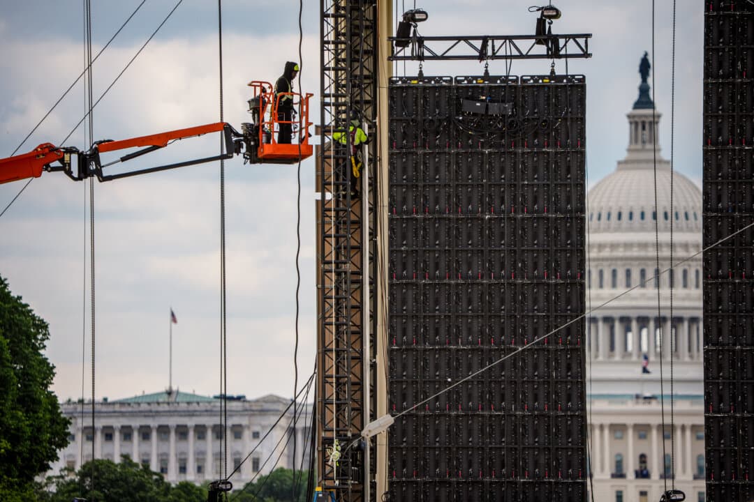 Workers continue to build out Freedom 250's Great American State Fair infrastructure on the National Mall in Washington on May 14, 2026. (Andrew Harnik/Getty Images)