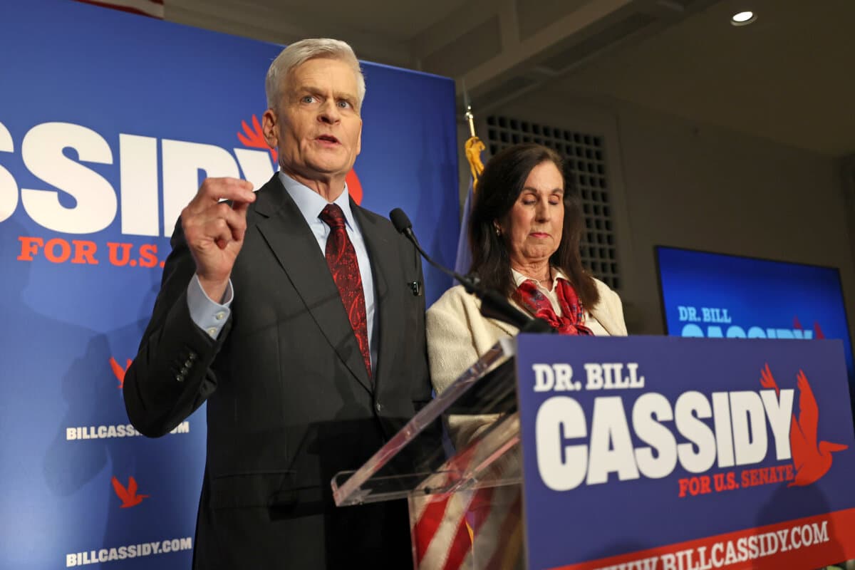 Sen. Bill Cassidy (R-La.), with his wife, Dr. Laura Cassidy, by his side, addresses his supporters as he concedes his primary election contest during an event at Boudreaux's Caterers in Baton Rouge, La., on May 16, 2026. (Michael DeMocker/Getty Images)