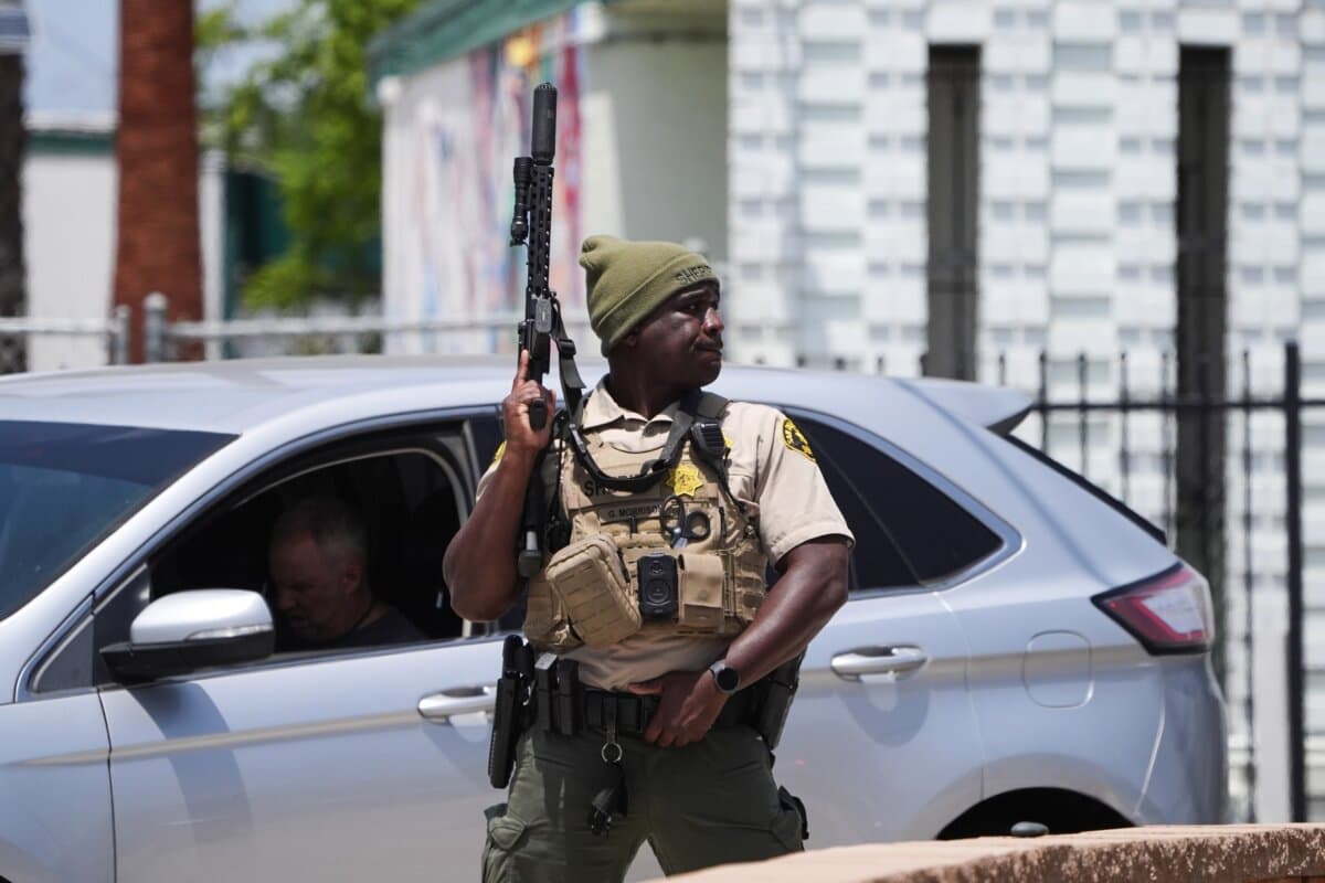 A sheriff's deputy stages at the scene of a shooting outside the Islamic Center of San Diego on May 18, 2026. (Gregory Bull/AP Photo)