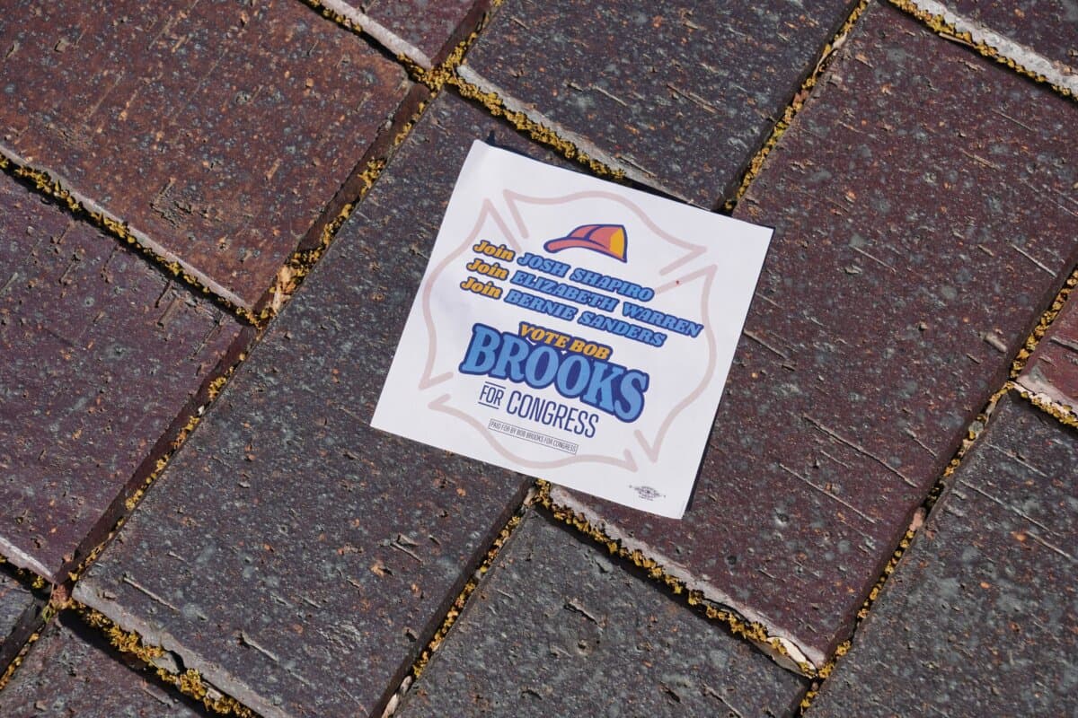 A flier from the Bob Brooks campaign seen near the Bethlehem Visitors Center in Bethlehem, Penn., on May 19, 2026. (Jacob Burg/The Epoch Times)