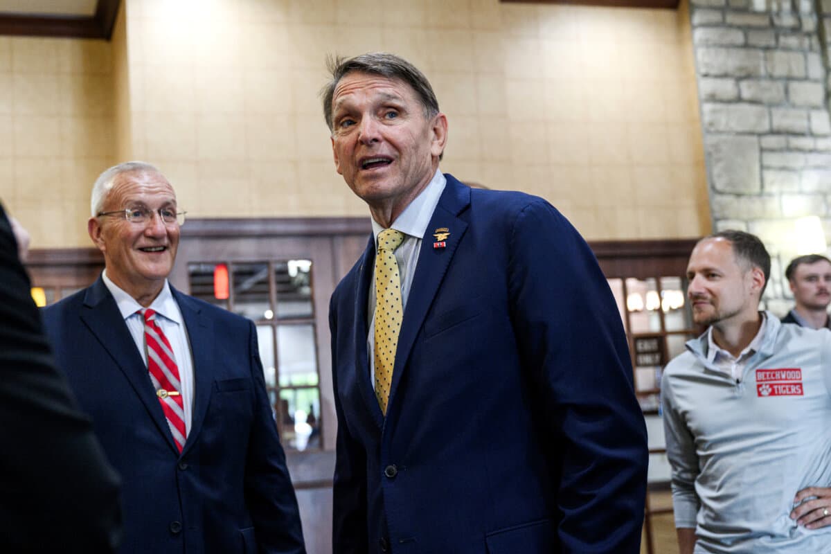 Ed Gallrein, Republican congressional candidate for Kentucky, speaks with supporters ahead of an America First Workers Special Event in Hebron, Ky., on May 18, 2026. (Jon Cherry/Getty Images)