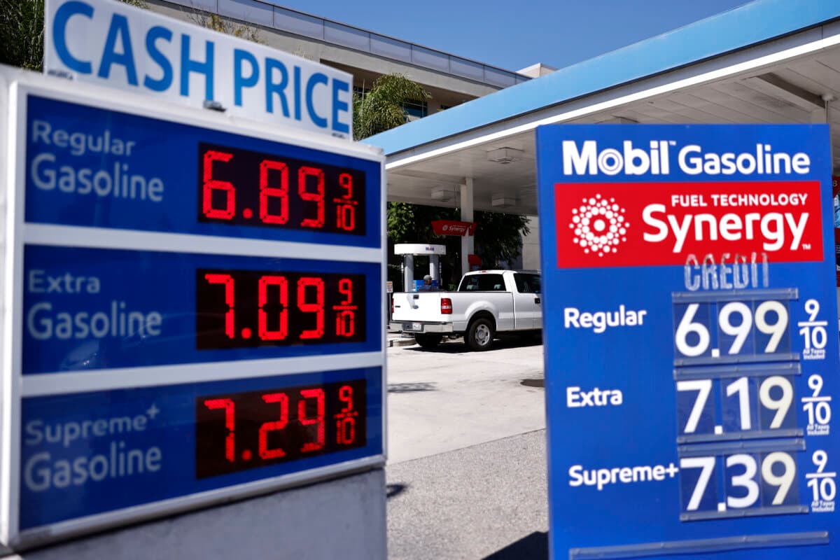 High gas prices are displayed at a Mobil gas station in Pasadena, Calif., on May 11, 2026. (Mario Tama/Getty Images)