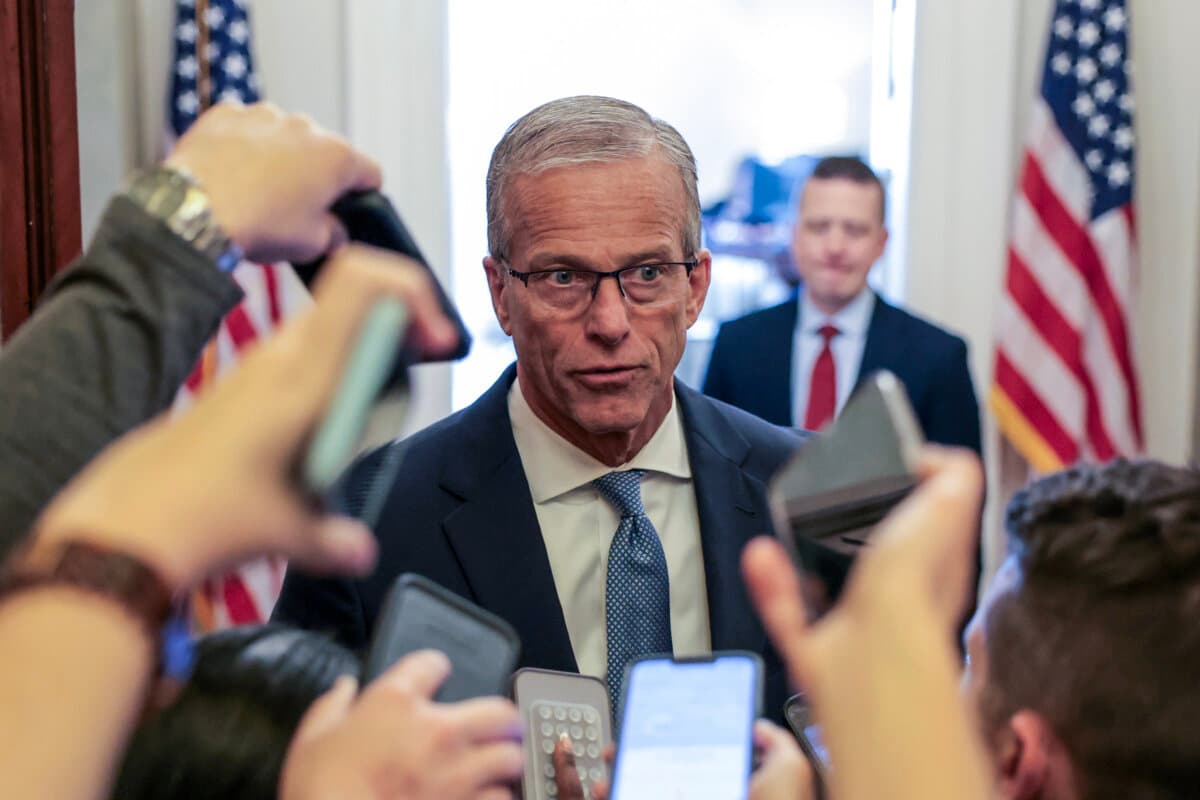Senate Majority Leader John Thune (R-S.D.) speaks to reporters at the U.S. Capitol on May 21, 2026. (Anna Moneymaker/Getty Images)