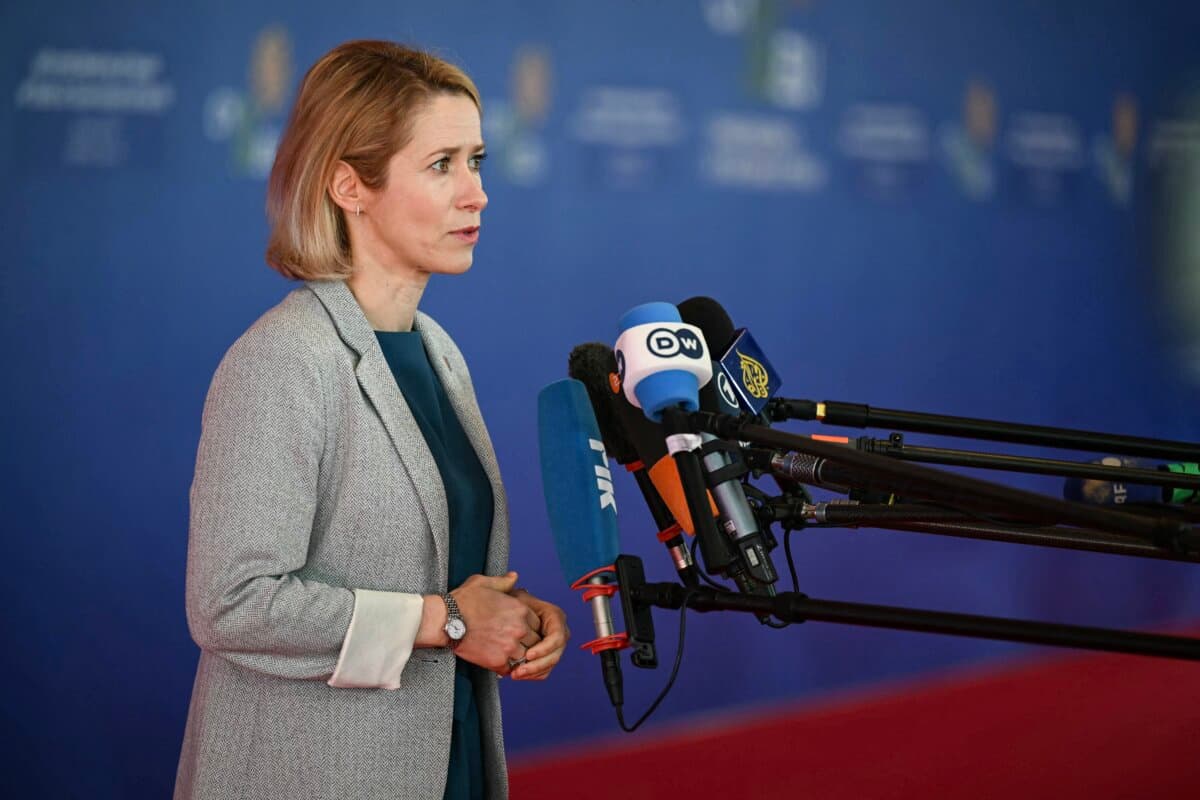 EU High Representative and Vice President for Foreign Affairs and Security Policy Kaja Kallas speaks to journalists as she arrives for an informal meeting of the European Council in Nicosia on April 24, 2026. (Nicolas Tucat/AFP via Getty Images)