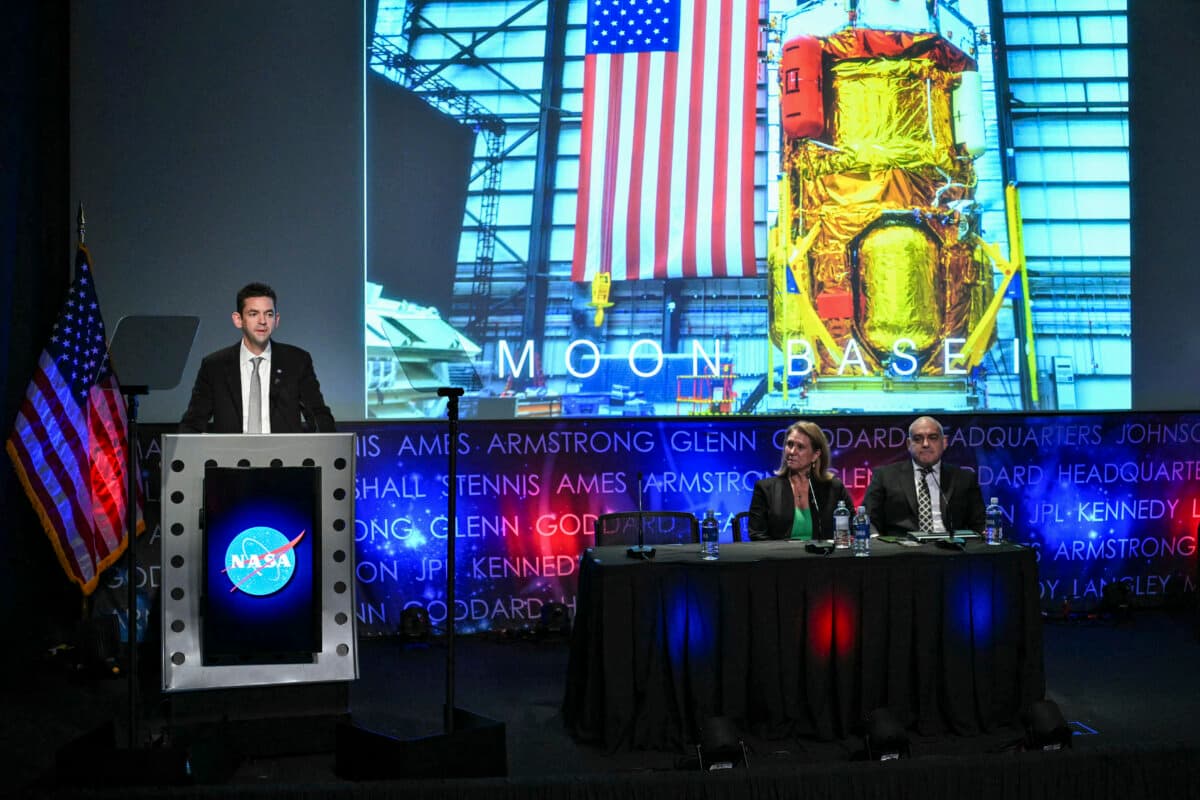 NASA Administrator Jared Isaacman speaks at NASA headquarters in Washington on May 26, 2026, to outline plans for a lunar base and progress toward a sustained human presence on the moon. (Mandel NGAN/AFP via Getty Images)