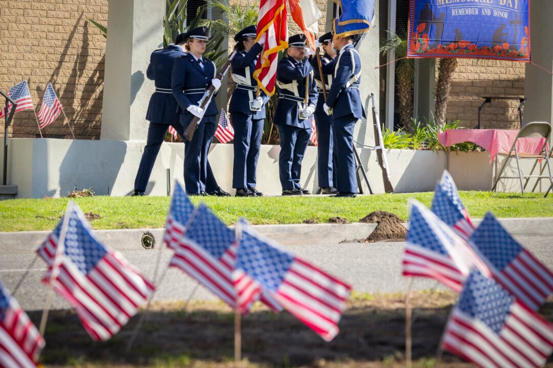 Members of the United States Air Force prepare for Memorial Day ceremonies in Los Angeles on May 25, 2026. (John Fredricks/The Epoch Times)
