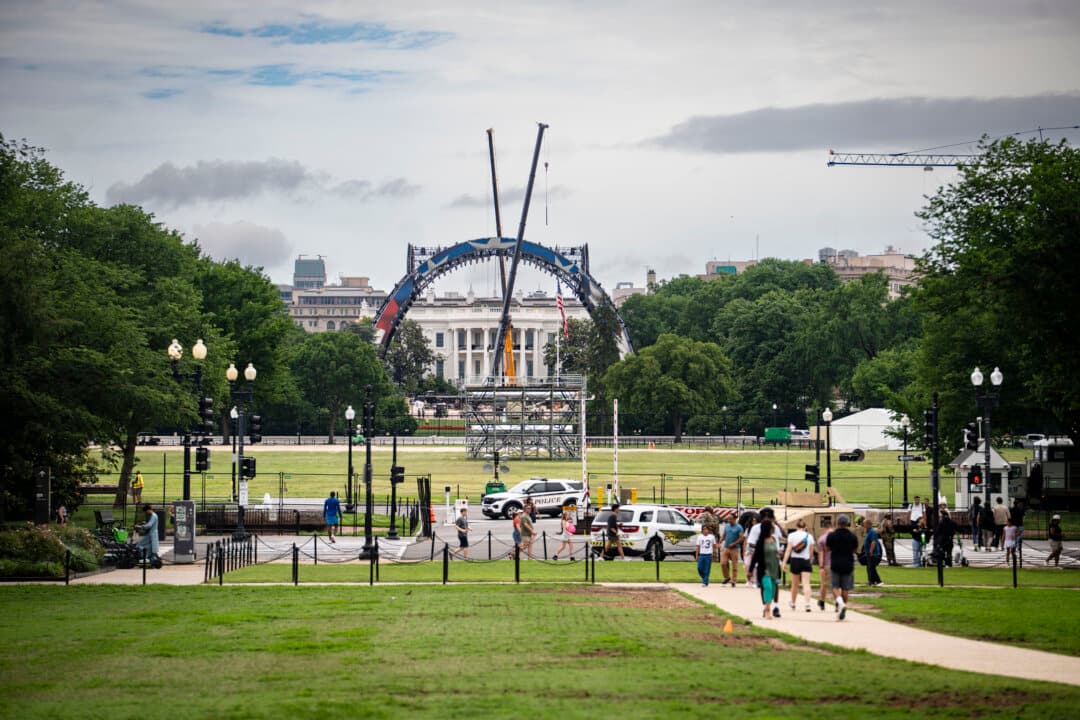 Construction is underway in preparation for the UFC Freedom 250 match on the South Lawn of the White House on May 27, 2026. President Donald Trump is hosting the match on Flag Day, June 14, in celebration of the 250th anniversary of America. The day coincides with the president’s 80th birthday. (Madalina Kilroy/The Epoch Times)