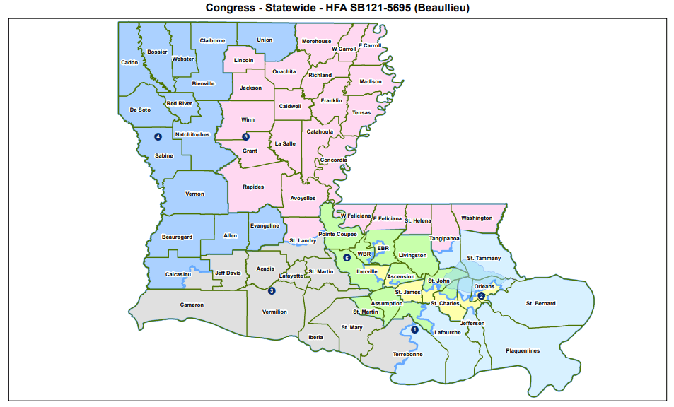 State Rep. Beau Beaullieu proposed this map to redistrict Louisiana on May 28, 2026. (Louisiana House of Representatives)